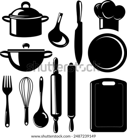 A set of kitchen utensils including knife, pan, chef hut, spoon, chopping board, spoon, fork, rolling pin, pan, pot 