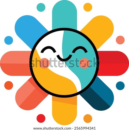 vibrant and cheerful stock illustration of a sun mascot with a stylized, modern design. The sun's face is depicted as a smiling yin-yang symbol, with soft blushes on its cheeks and playful expression