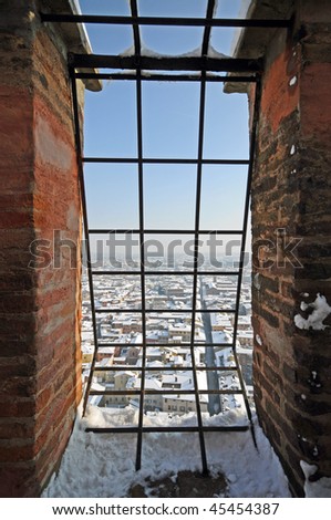Bologna houses seen through a window on the top of the Asinelli tower, Emilia Romagna, Italy