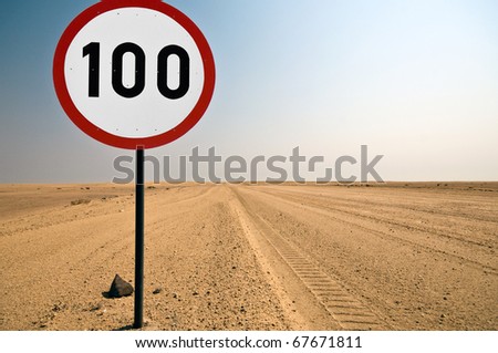 Speed limit sign on a gravel road, Namibia, Africa