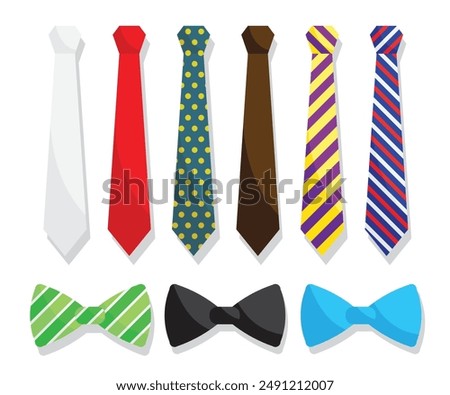 Illustration of simple design necktie and bow tie set. Vector of simple design necktie and bow tie for design, poster, website, presentation.