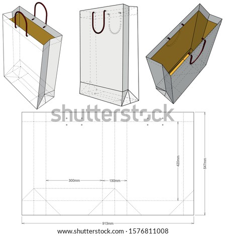 Shopping Bag (Internal measurement 42  x 30 + 13cm) and Die-cut Pattern. The .eps file is full scale and fully functional. Prepared for real cardboard production.