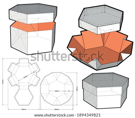 Top and Bottom hexagonal self assembly and Die-cut Pattern. Ease of assembly, no need for glue. The .eps file is full scale and fully functional. Prepared for real cardboard production.