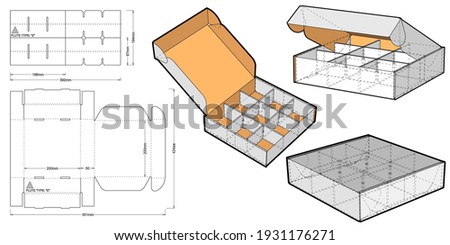 Cardboard box for sending mail. Ease of assembly, no need for glue (internal measurement of each separator 6x6x5 cm) and Die-cut Pattern. The .eps file is full scale and fully functional. Сток-фото © 