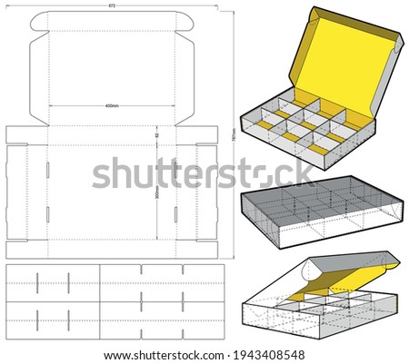 Cardboard box for sending mail. Ease of assembly, no need for glue (internal measurement of each separator 13x6.5x6 cm) and Die-cut Pattern. The .eps file is full scale and fully functional.