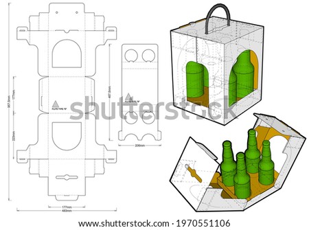 Packaging for four bottle of beer and Die-cut Pattern. Ease of assembly, no need for glue. The .eps file is full scale and fully functional. Prepared for real cardboard production.