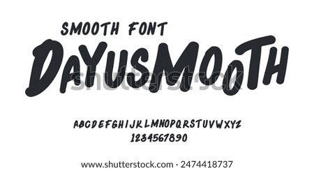 DAYUSMOOTH is uneven, unexpected, playful font. Vector bold font for headings, flyer, greeting cards, product packaging, book cover, printed quotes, logotype, apparel design, album covers, etc.