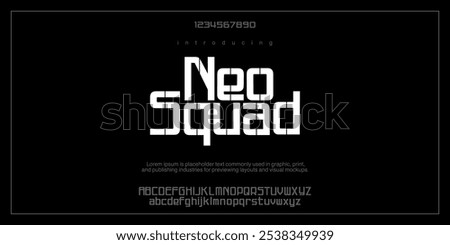 Neo Squad is army stencil style alphabet, bold  letters, dynamic font for sport modern logo, game headline, action typography, modern strength typographic design. Vector typeset