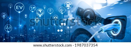 Energy EV car concept. Futuristic hybrid vehicle charge battery electric on station blur cityscape on panoramic banner blue background with icon illustration environment friendly. green eco technology Stockfoto © 
