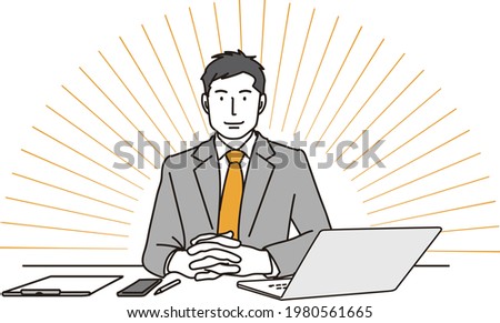 A businessman who opens a computer and has a meeting