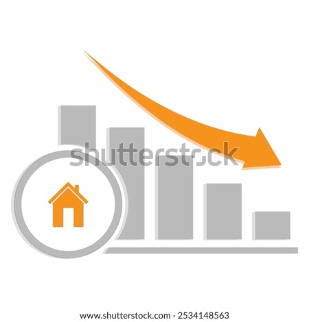 A bar chart all in a light grey color, increasing in height from right to left. An orange arrow curves downwards above the bars. A circle in the foreground contains a house icon in orange.