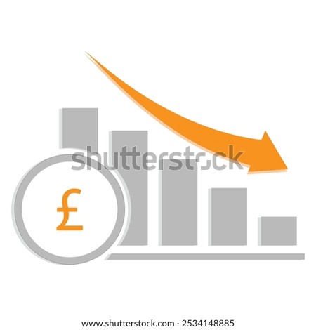 A bar chart all in a light grey color, increasing in height from right to left. An orange arrow curves downwards above the bars. A circle in the foreground contains a pound icon in orange.