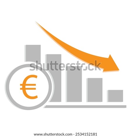 A bar chart all in a light grey color, increasing in height from right to left. An orange arrow curves downwards above the bars. A circle in the foreground contains a euro icon in orange.