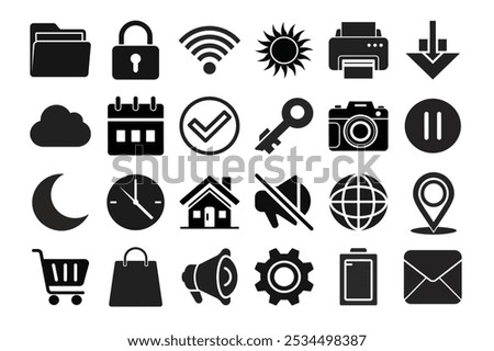 A versatile set of black and white web and app icons featuring communication, technology, and user interface elements. Ideal for websites, mobile apps, and digital projects