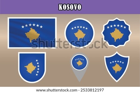 Dynamic vector of the National Flag of Kosovo, showcasing a bold blue field with six white stars above a golden map. Perfect for patriotic and cultural projects.