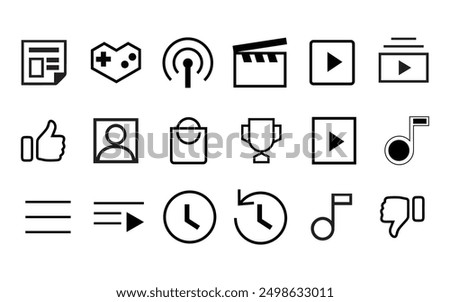 Game icons , podcast , subscription, watch later, ,like videos, movies,music icons, shopping icons, 