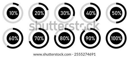 Battery charging indicator in circle with 10% 20% 30% 40% 50% 70% 90% and 100% vector icon set for mobile interface design on white background. Battery indicator symbols. 10-100 percent.icons