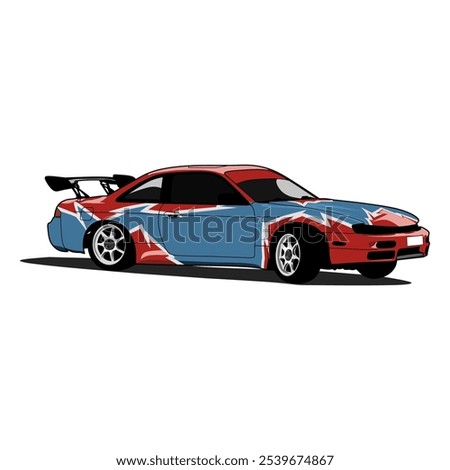 Detailed illustration of a racing sports car featuring vibrant red and blue colors. The sleek design and dynamic style evoke speed and performance. Ideal for car enthusiasts and art lovers.