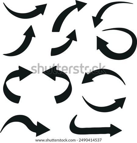 Isolated vector arrows, hand drawn on a white background Illustration set of downward pointing curved arrows (monochrome)