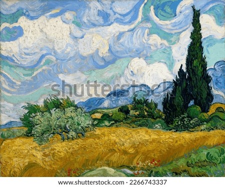 stylized vector version of Van Gogh's painting Wheat field with cypresses

