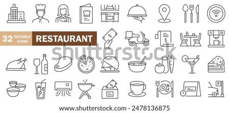 Restaurant icons hotel line icons set editable stroke on white background vector illustration, Table, food, chef, cooking, delivery, drink, water, kitchen, glasses and cocktail. 