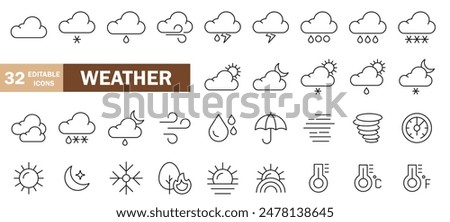 Weather icons. Weather forecast icon set. Clouds logo. Weather , clouds, sunny day, moon, snowflakes, wind, sun day. Vector illustration. editable stroke line icons, white background 