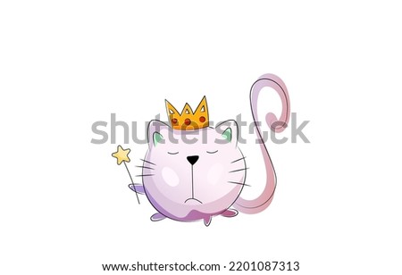 Vector abstract round cat with a crown on his head. An arrogant, arrogant cat holds a magic wand with a star in its paw. Closed eyes of a cat.