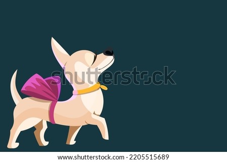
Vector cute chihuahua dog with a bow on his back. Adorable puppy is coming. Raised paw. Arrogant dog.