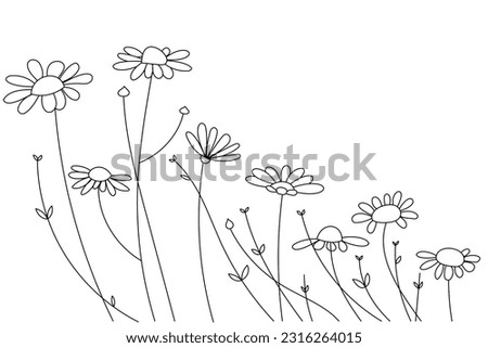 Abstract colorless daisies with small grass lean away from the wind. Editable stroke weight.