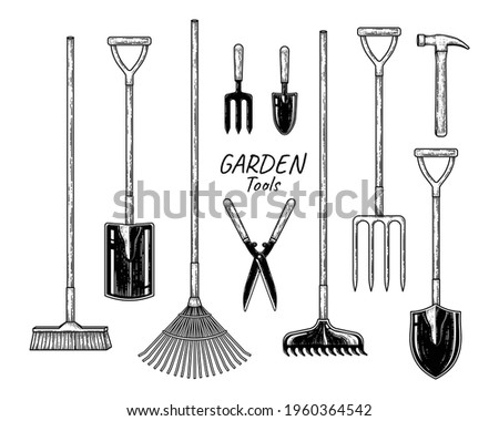 Sketch vector set of gardening tools. Broom, Spade, Fan rake, Fork, Trowel, Hedge shears, Bow Rake, Pitch fork, Hammer and Shovel Hand drawn illustration