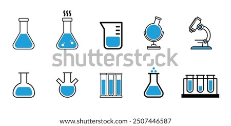 Flask Icon Set. Scientific Chemical Blue Flask Icon set for Laboratory Research, Scientific Experiments, Microscope and Educational Materials. Laboratory glassware symbol Icon Set.