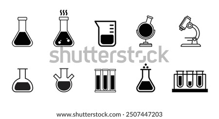 Flask Icon Set. Scientific Chemical Flask Icon set for Laboratory Research, Scientific Experiments, Microscope and Educational Materials. Laboratory glassware symbol Icon Set.