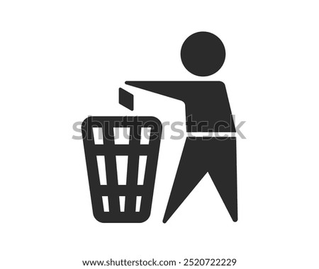 Man Throws Trash Vector Solid Icon Design on White Background. Rubbish Bin, Garbage, Recycling, Keep Clean Sign. Label for Packaging. Public trash icon.