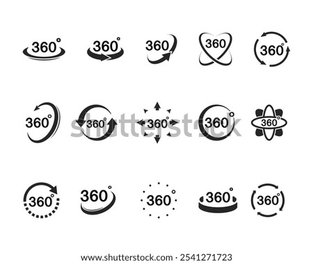 360 degree views icon set. Signs with arrows to indicate the rotation or panoramas to 360 degrees. Isolated on white background