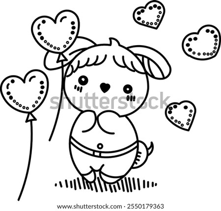 A cheerful bunny holding heart-shaped balloons, surrounded by love-filled hearts. A cute and simple sketch perfect for spreading Valentine’s Day joy and affection