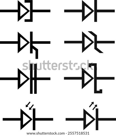 set of diode symbols in clean black lines includes Rectifier, Zener, Light-Emitting (LED), Schottky, Varactor, Tunnel, Photo