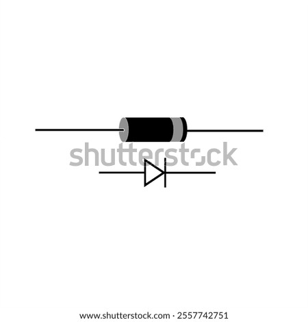 
A simple illustration of a rectifier diode showing its physical form and circuit symbol in black and white. Suitable for technical and educational materials