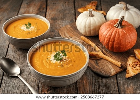 Similar – Image, Stock Photo Tasty pumpkin soup in bowl on table