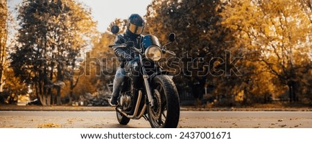 Similar – Foto Bild Schwerer männlicher Motorradfahrer im Wald