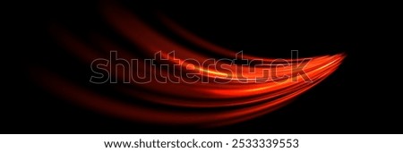 Bright red orange speed line wave.  Abstract bent stripes of dynamic motion.Speed ​​acceleration of traffic on a night road.Vector.