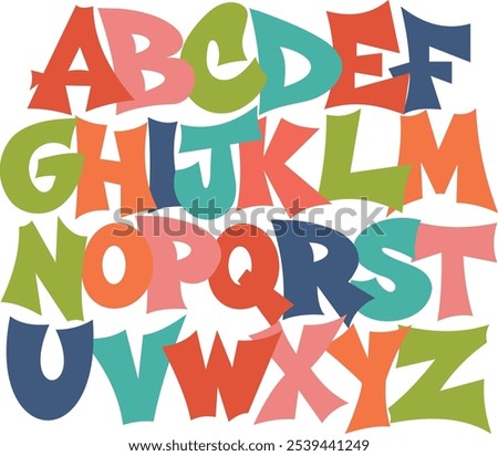 A dynamic and playful alphabet design featuring vibrant, graffiti letters in a variety of bright colors. Hand-drawn font vector, graffiti alphabet, colorful letters, playful alphabet, urban art, abc