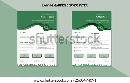 Green high-quality lawn revival A4 flyer template with minimal visual clutter and landscaping services with an eye-catching layout for professional landscapers.