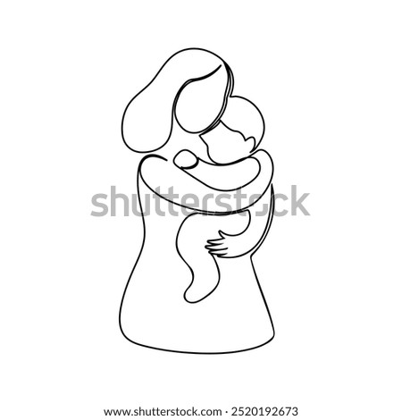 this artwork is a continuous line drawing depicting a tender moment between a mother and her child. The simplicity of the single,unbroken line captures the emotional connection and warmth of their emb