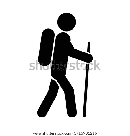 Hiking icon on white background. Man travels with backpack and stick. Vector illustration.