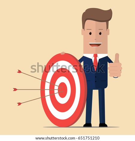 Businessman with a target and arrows showing thumbs up. Business concept. Vector illustration