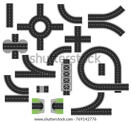 Collection of isolated connectable highway elements. Top view position. Vector illustration