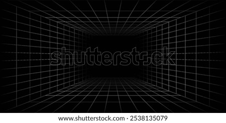 Futuristic perspective grid box. Abstract wireframe with white grid line on black background. Virtual reality landscape in 80s 90s digital style. Vector