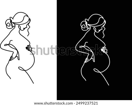 A minimalist black line drawing of a pregnant