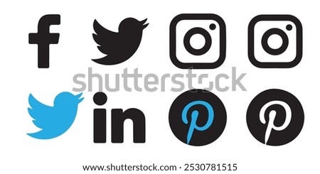  Collection of popular social media logo.  Twitter, Facebook,  linkedin, instagram, printerest. Realistic editorial logo set