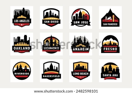 Los Angeles San Francisco San Diego San Jose Sacramento Fresno Long Beach Oakland Santa Ana Anaheim Bakersfield Riverside California Skyline Logo Vector Illustration Bundle